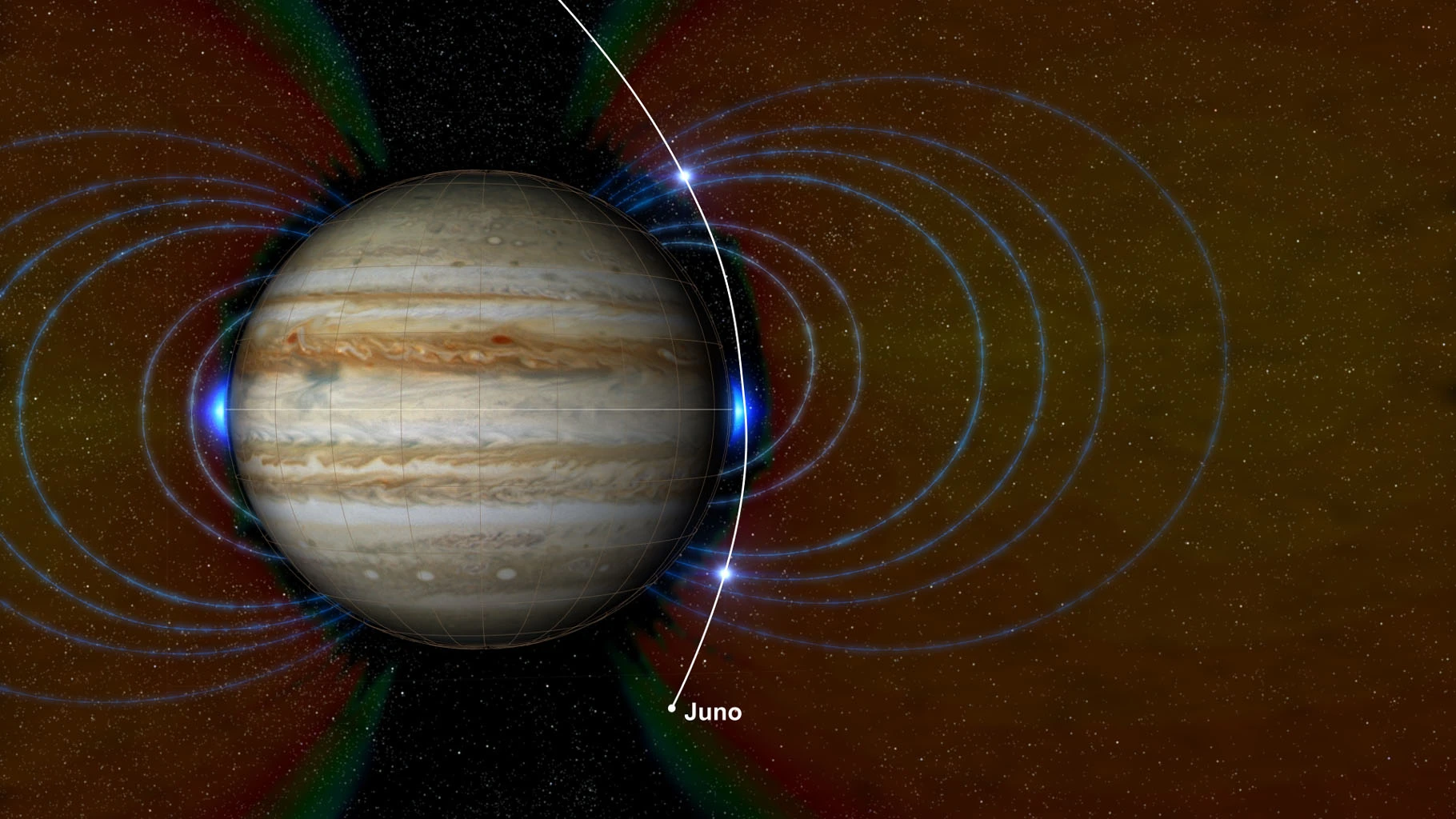 The blue areas indicate new radiation zones around Jupiter discovered by Juno