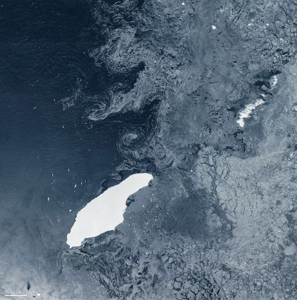 Captured on July 5, 2020, the giant iceberg A-68A floating in the open water, over 1,000 km (620 mi) from where it broke off three years ago