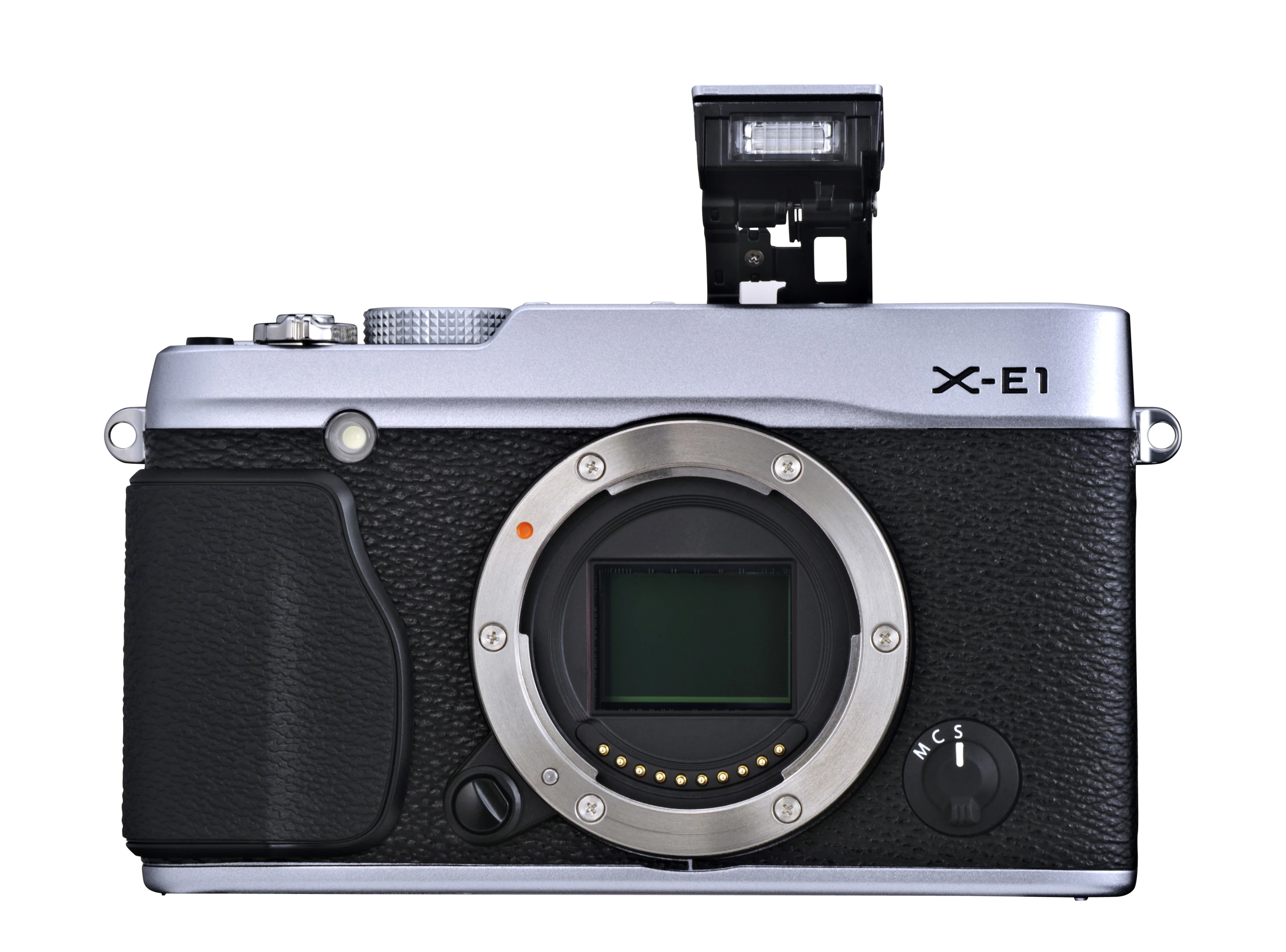 The Fujifilm X-E1 has a built-in pop-up flash