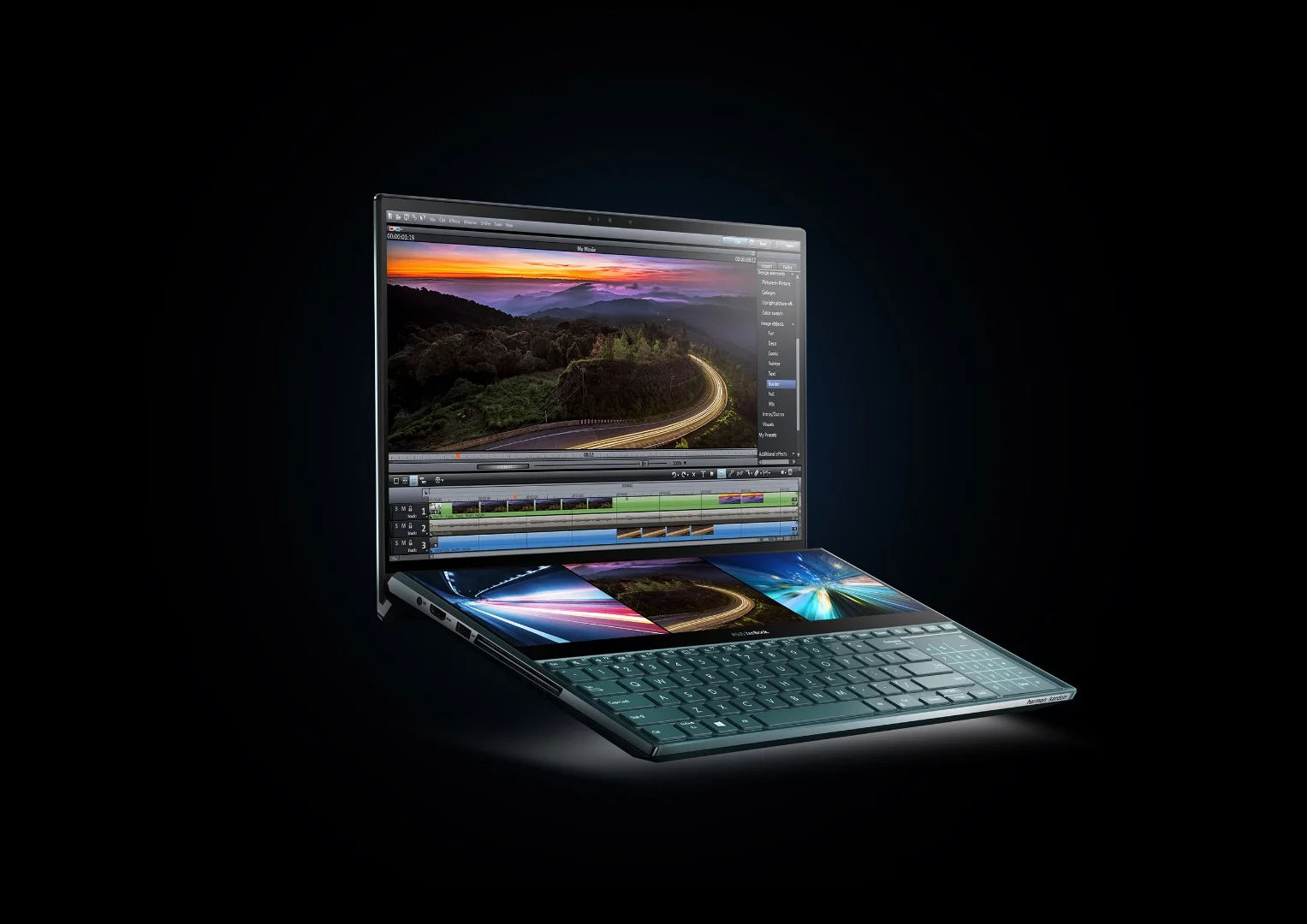 The ZenBook Pro Duo's secondary touchscreen measures 14 diagonal inches at 3,840 x 1,100 pixel resolution