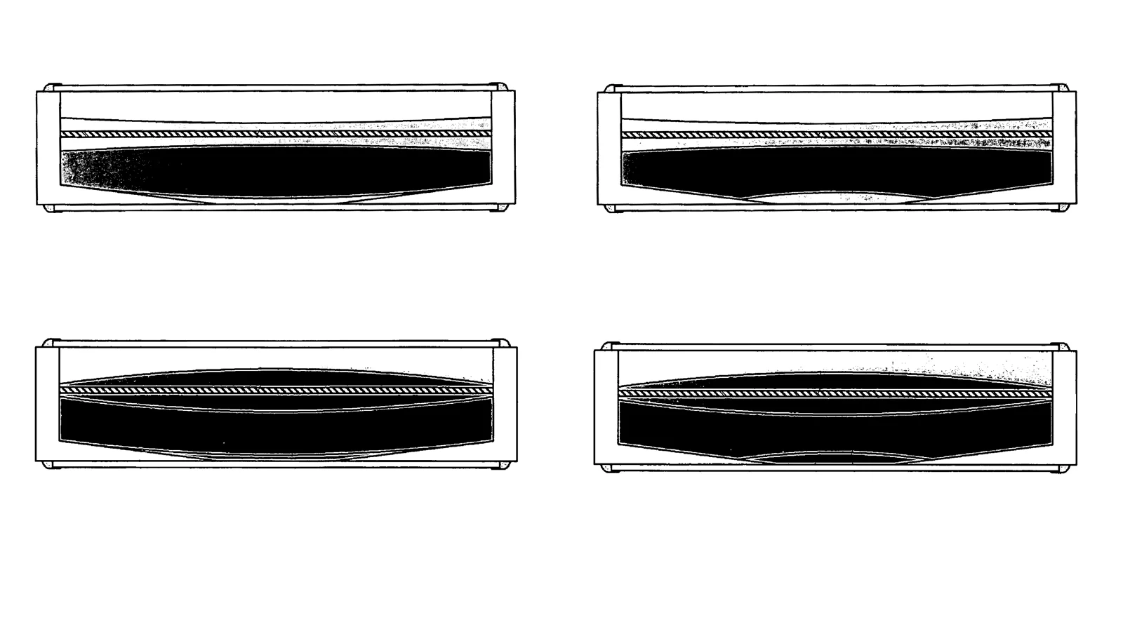 Samsung's liquid zoom lens (clockwise from top left): initial operating state, autofocus lens operating, optical zoom lens operating, both autofocus and zoom lenses operating