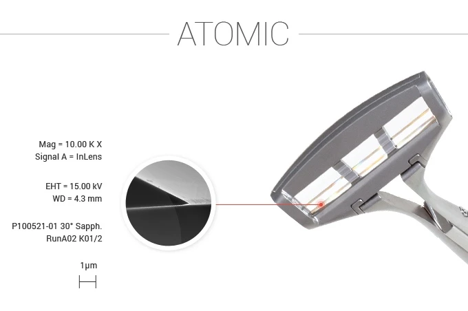 Each of Zafirro's sapphire blades are manufactured in order to create a tip that is only 80 atoms thick