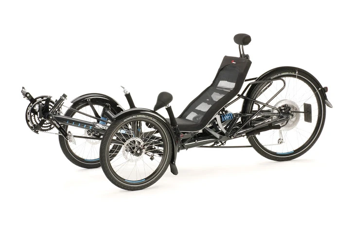 The bike uses a recumbent seating position
