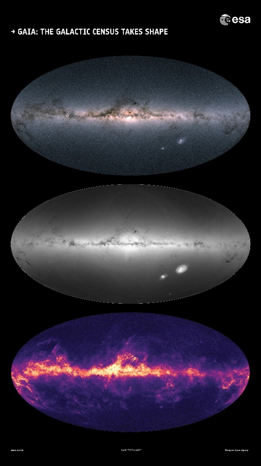 Gaia's all-sky view of the Milky Way and neighboring galaxies – including brightness and colors of stars (top), total density of stars (middle) and highlighting the interstellar dust (bottom)