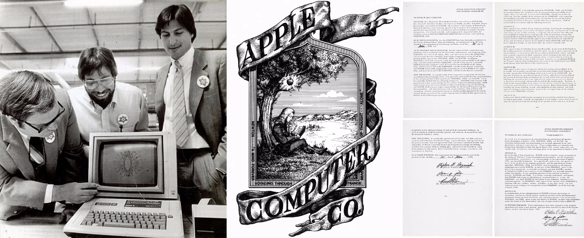 Apple pioneered the WYSIWYG computer-human-interface, the iPod, iPhone, iPad and a host of other innovations that have changed the world. The document that marked the beginning of the first stage of the journey. The names Steve Jobs and Steve Wozniak now loom large in history, while Ronald G. Wayne's contribution is at best a footnote. Wayne (pictured above with Woz and Jobs), was the "adult in the room" at the time, and he drew the first Apple logo (above right - yet another tribute to Newton), wrote the original partnership agreement and was responsible for compiling the Apple I computer manual. He sold his 10 percent stake two weeks into the partnership for just $800.