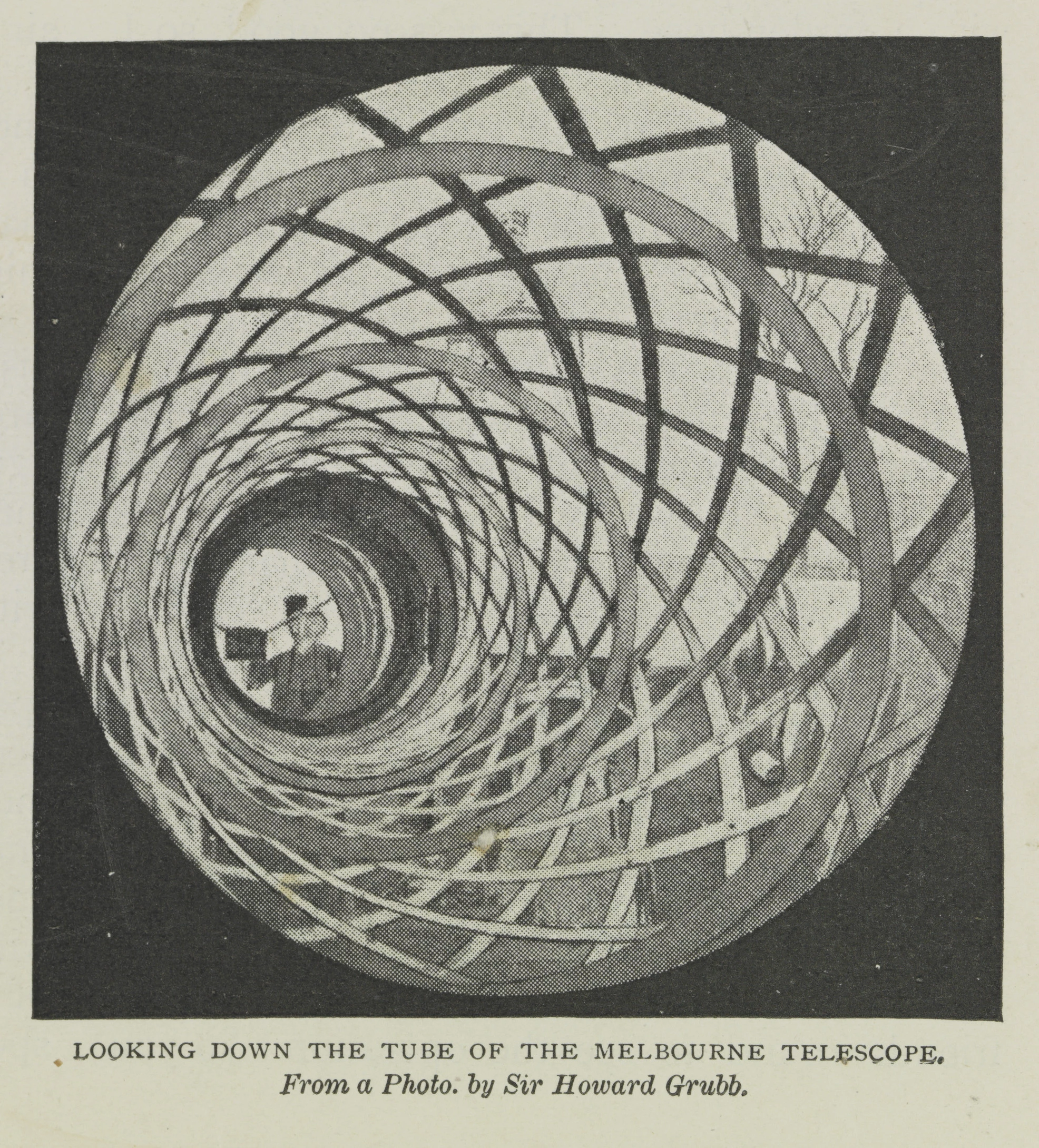 Howard Grubb looking down the tube of the Great Melbourne Telescope, 1868