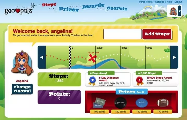 The GeoPalz website lets kids claim prizes based on the number of miles they've walked