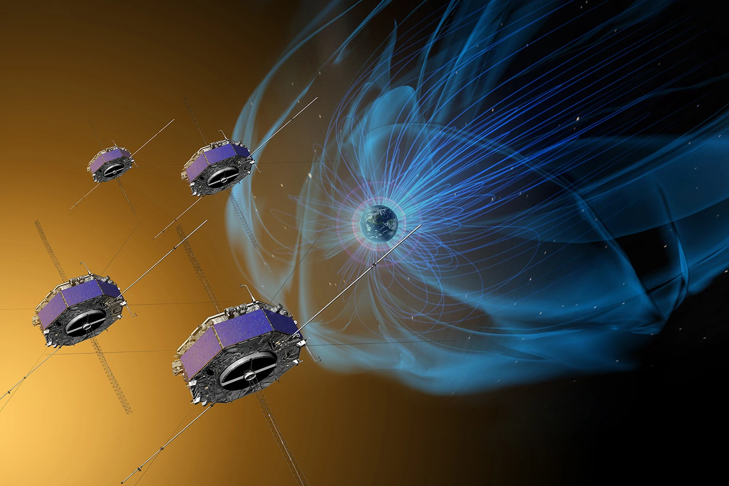 NASA's four Magnetospheric Multiscale (MMS) satellites, as seen here in an artist's rendering have made over 4,000 trips through the boundaries of Earth's magnetic field to date
