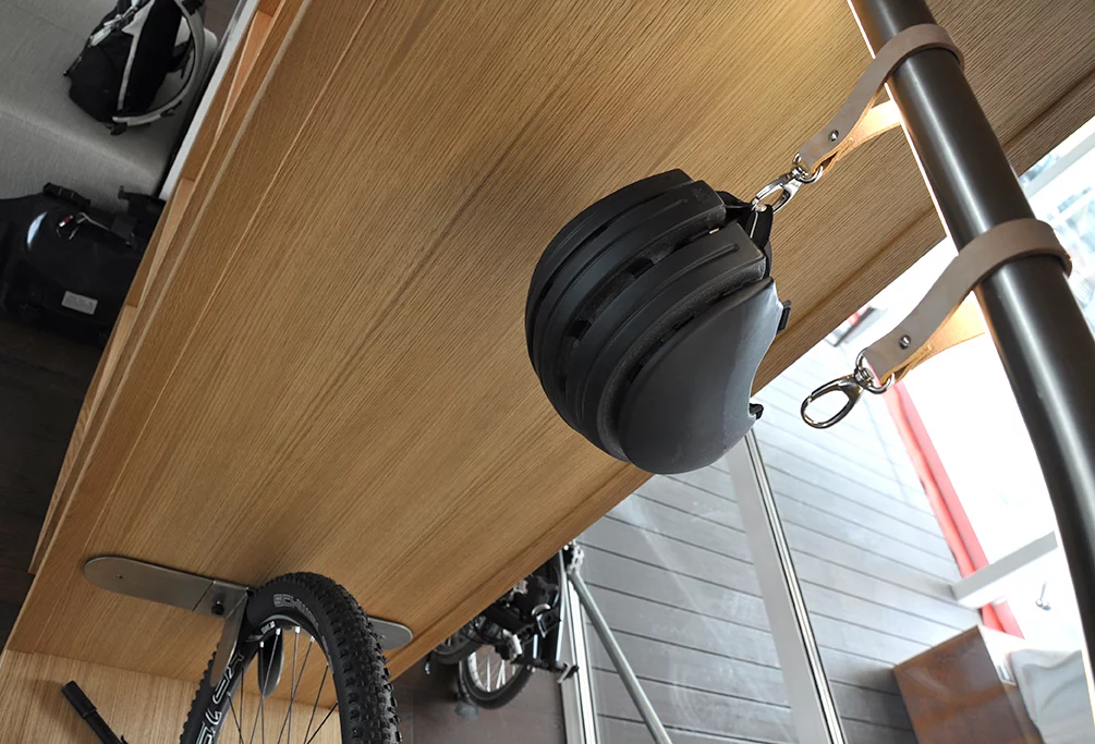 Bike Shelf features high quality leather hooks to hang cycling accessories such as your helmut (Photo: Edoardo Campanale/Gizmag)