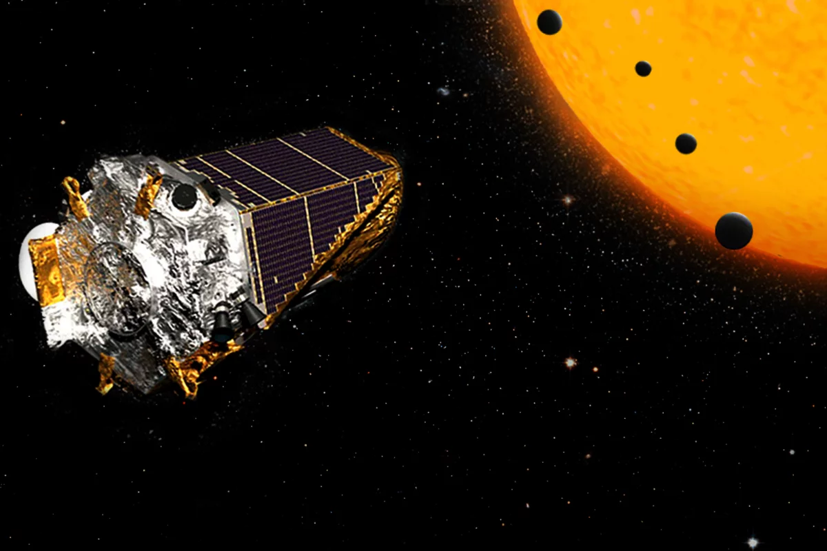 Artists impression of the Kepler Space Telescope observing exoplanets as they pass across the face of their parent star