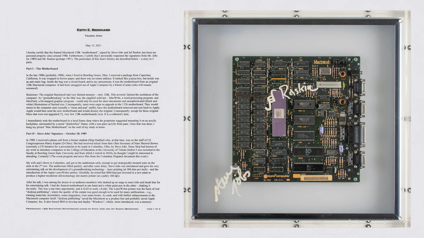 "128K Macintosh Motherboard Display", signed by Steve Jobs and Jef Raskin (1989), was sold for $132,049 at RR Auction on 19 August 2021