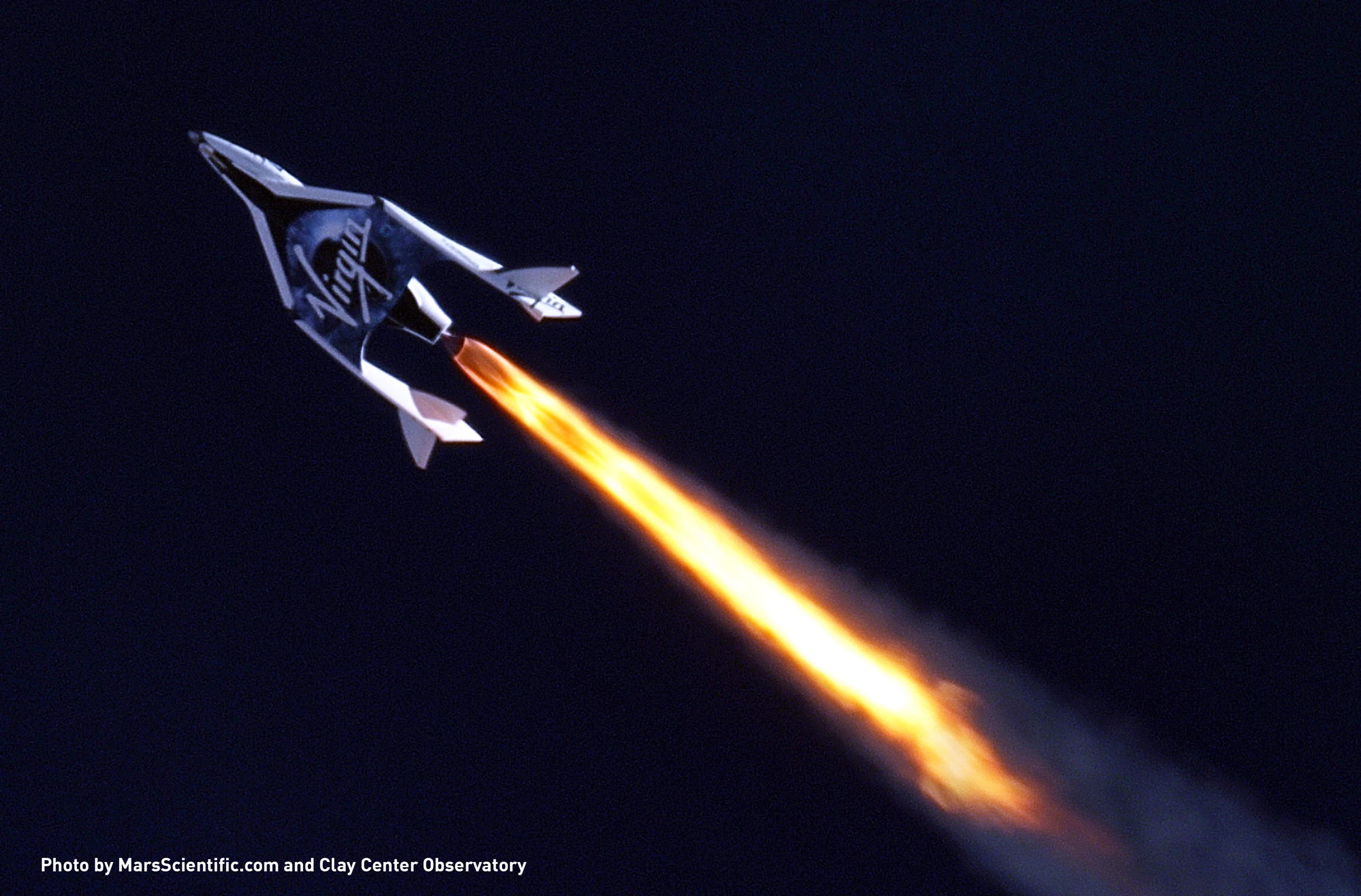 Virgin Galactic SpaceShipTwo climbing into the stratosphere on thirty tons of thrust (Photo: Galactic Virgin)
