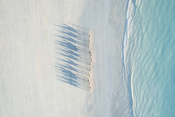 A caravan of camels casting long shadows across Cable Beach in Western Australia, the second-place winner in the Travel category