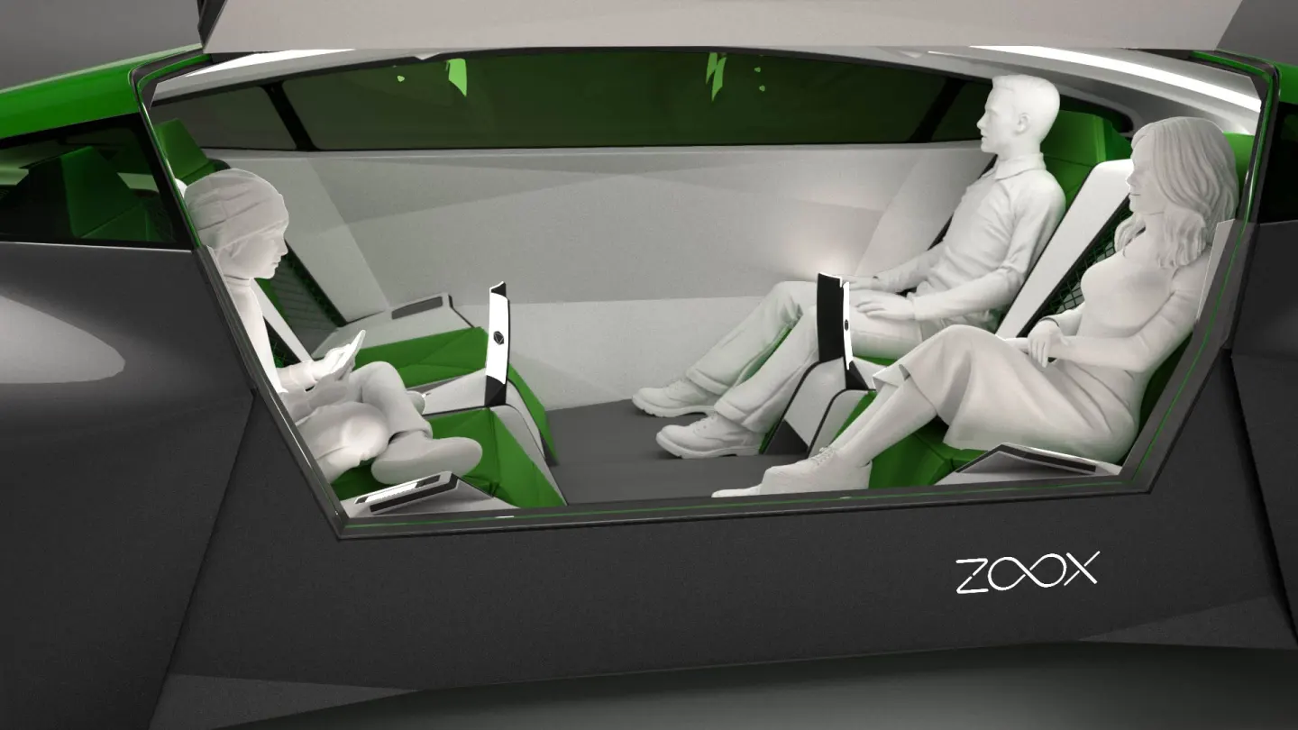 Inside, two rows of occupants face each other, making interaction easier than in traditional autos
