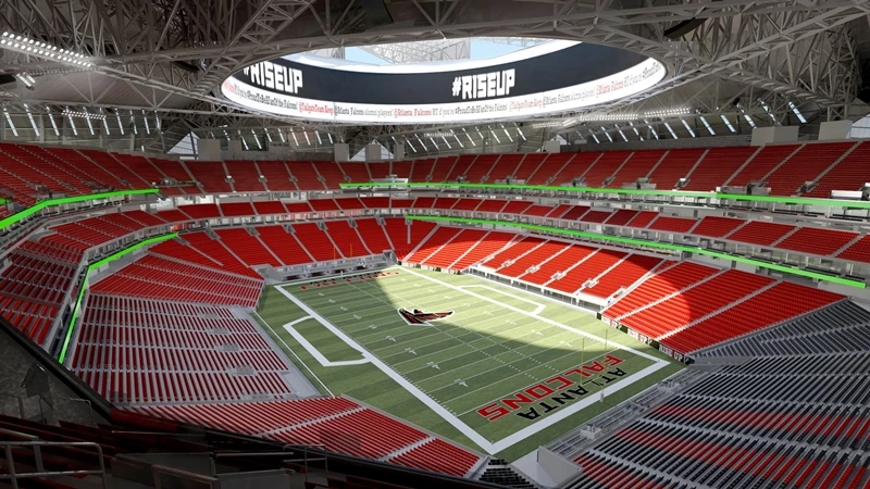 A view of the seating bowl and video “halo” board from the east end zone