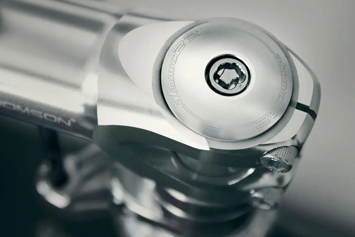 The infiniti3D system replaces the existing fasteners on bicycle components (such as the mounting bolt on this stem), to keep them from being removed by thieves