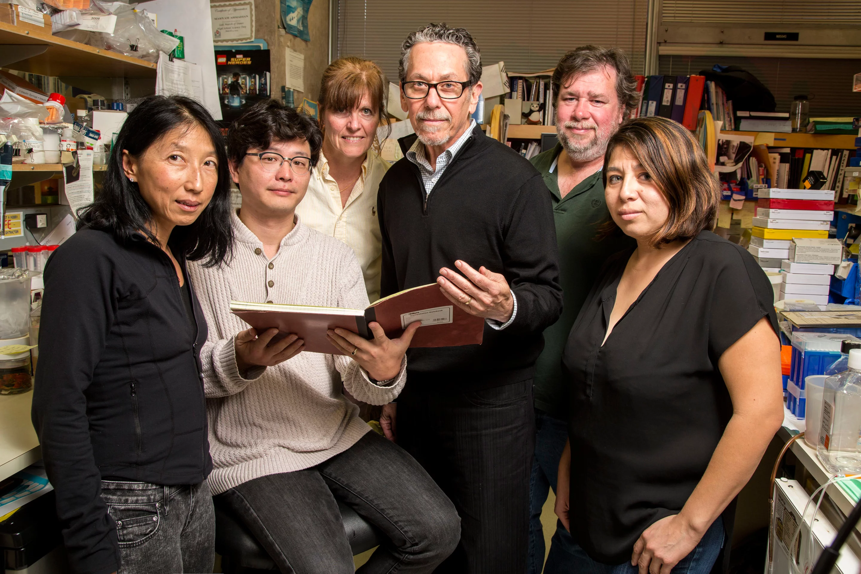 From left: Salk researchers Ruth Yu, Sungsoon Fang, Annette Atkins, Ronald Evans, Michael Downes and Sandra Jacinto (Photo: Salk Institute for Biological Studies)