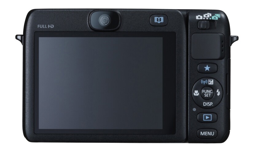 The Canon PowerShot N100 has a three-inch tilting touchscreen on the rear