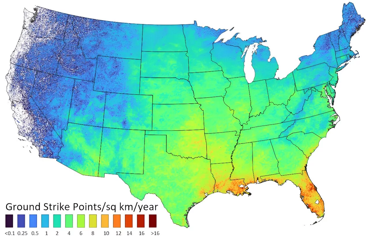 Frequency of lightning ground strikes per year averaged over six years