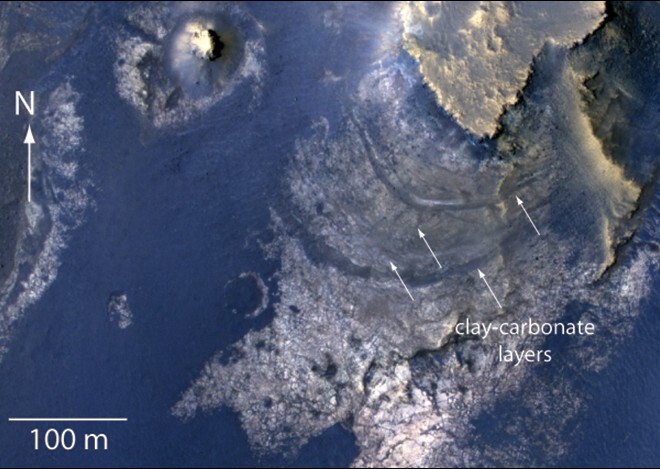 Layers with carbonates inside McLaughlin Crater on Mars (Image: NASA/JPL-Caltech/Univ. of Arizona)
