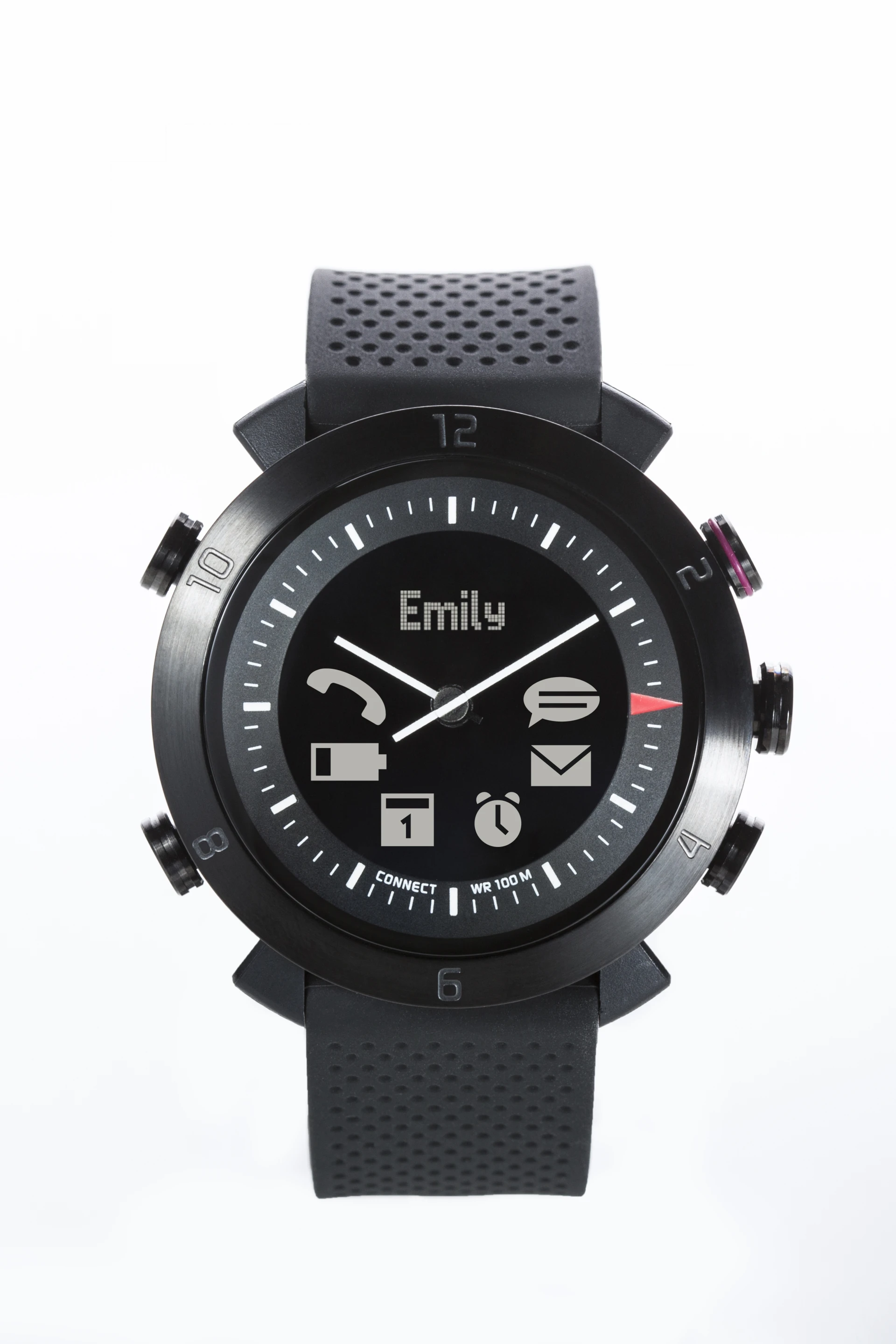 Icons on a digital display embedded in the watch face only become visible when a notification is received from a paired smartphone