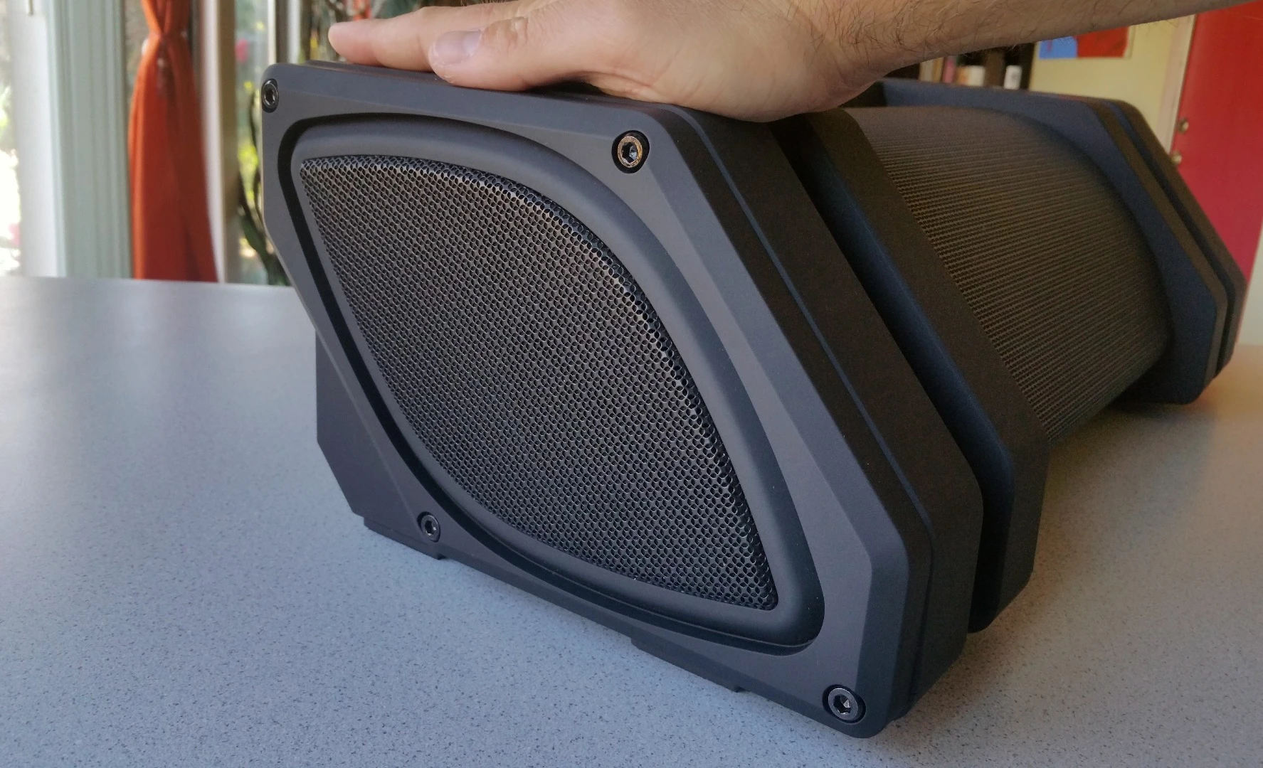 The rhombus-shaped Nyne Rock speaker is big enough to be classified as boombox-portable