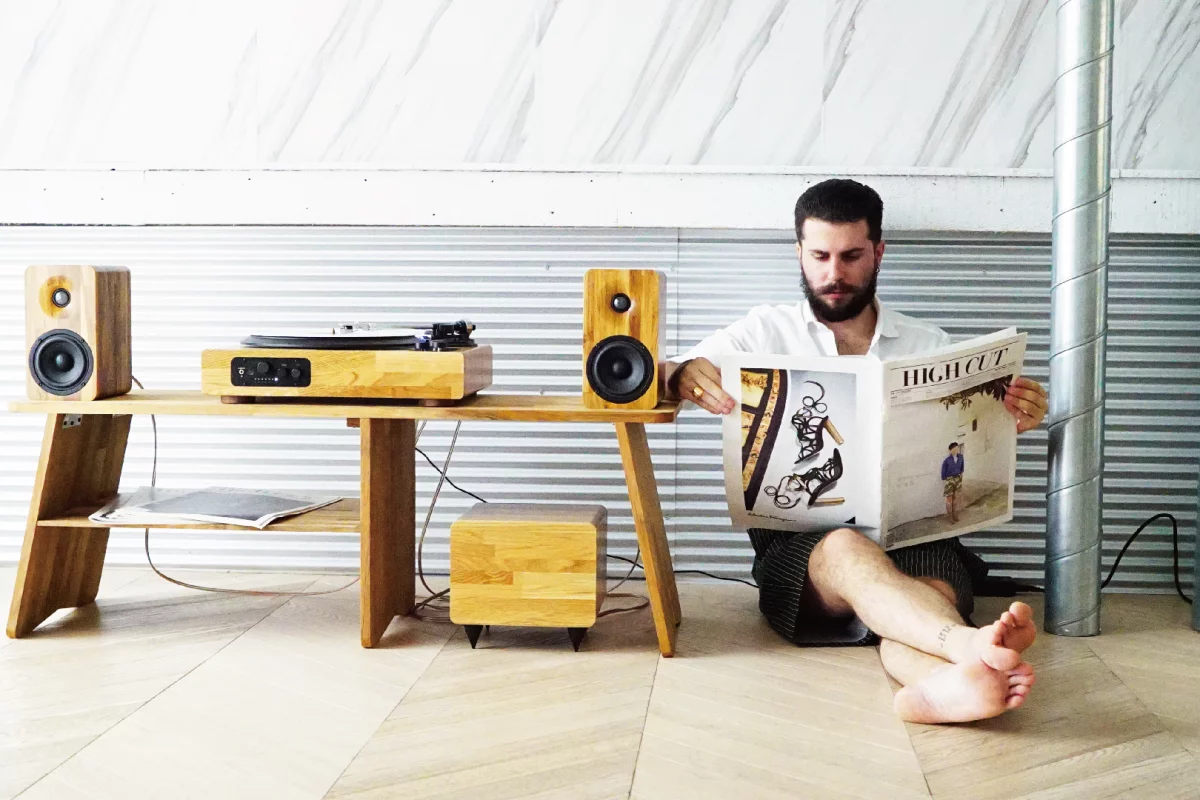 The full TT8 setup includes a belt-drive turntable rocking its own amflifier, a pair of speakers and a subwoofer