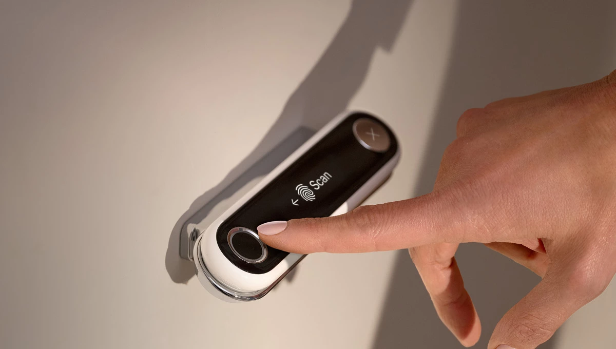 A wireless wall-mounted fingerprint scanner keeps your poop data private