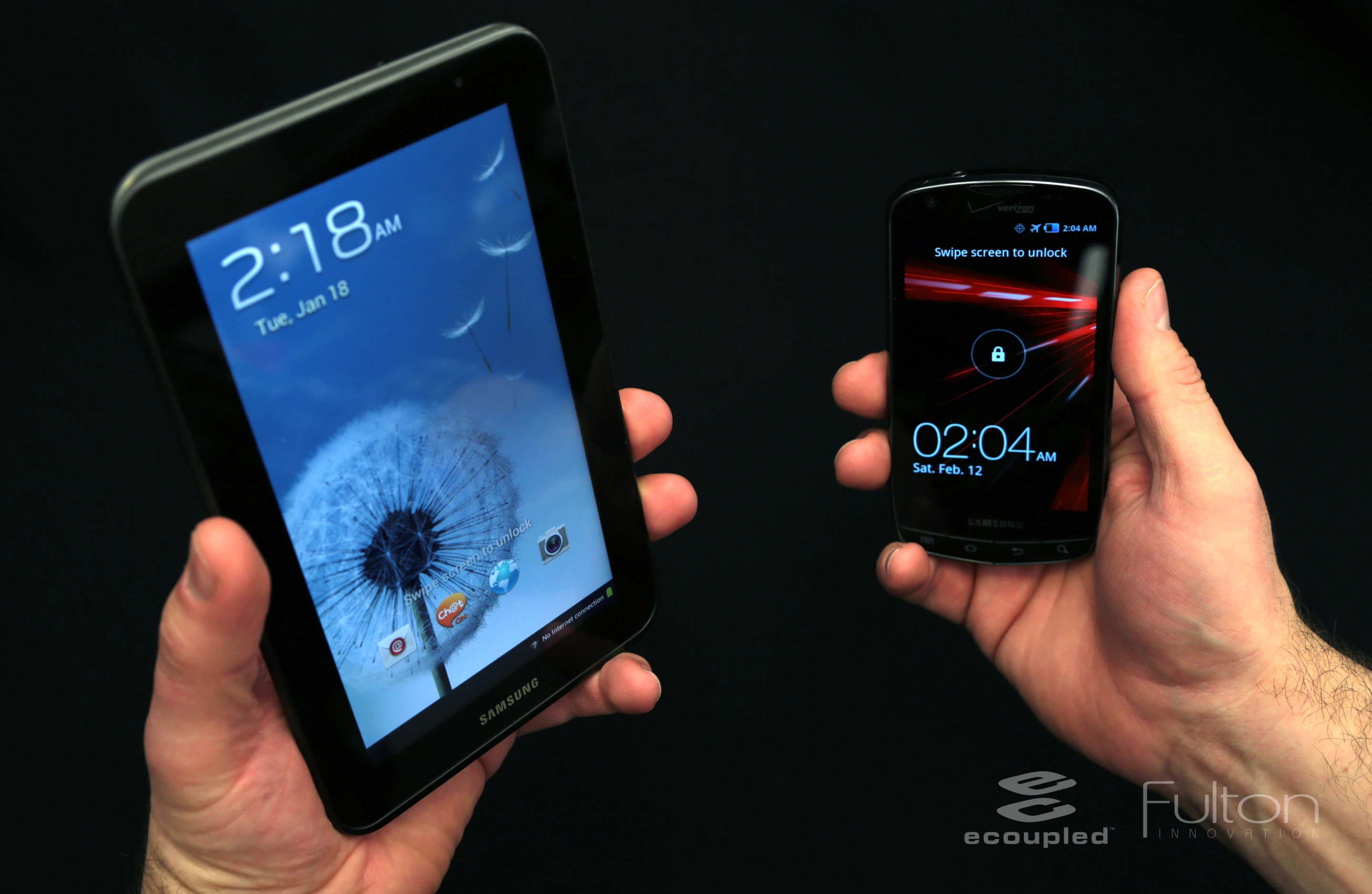 Fulton's eCoupled technology allows the tablet to wirelessly charge a Qi-enabled mobile phone positioned on its back, while also receiving wireless power from another source