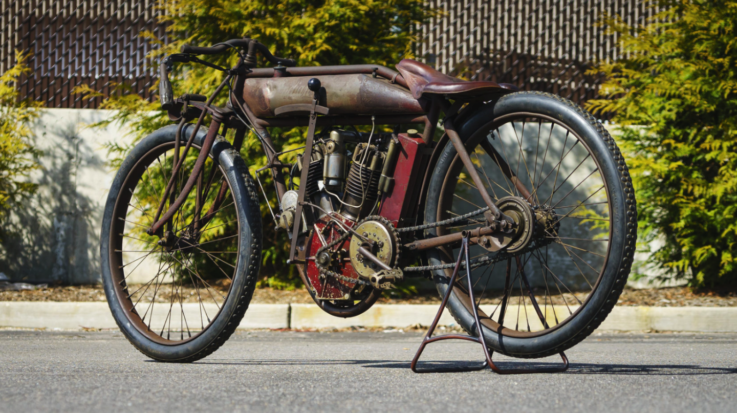 One of the five Indian twins produced between 1912 and 1915 that went to auction during the Vegas motorcycle auction week, this very original 1912 Indian Twin Board Track Racer fetched $82,500 to top the listings. Others fared a little less well, with a 1914 Twin Board Track Racer passed in at $30,000, a 1912 Twin Board Track Racer sold for $44,000, a 1915 Twin Board Track Racer sold for $49,500 and a fully restored Indian Twin roadster sold for $55,000.