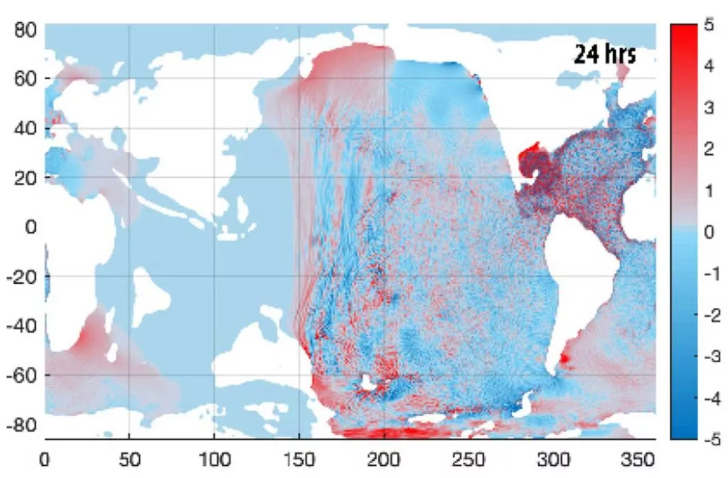 An image from one of the simulations, highlighting the differences in wave height as the tsunami spread around the world after the impact