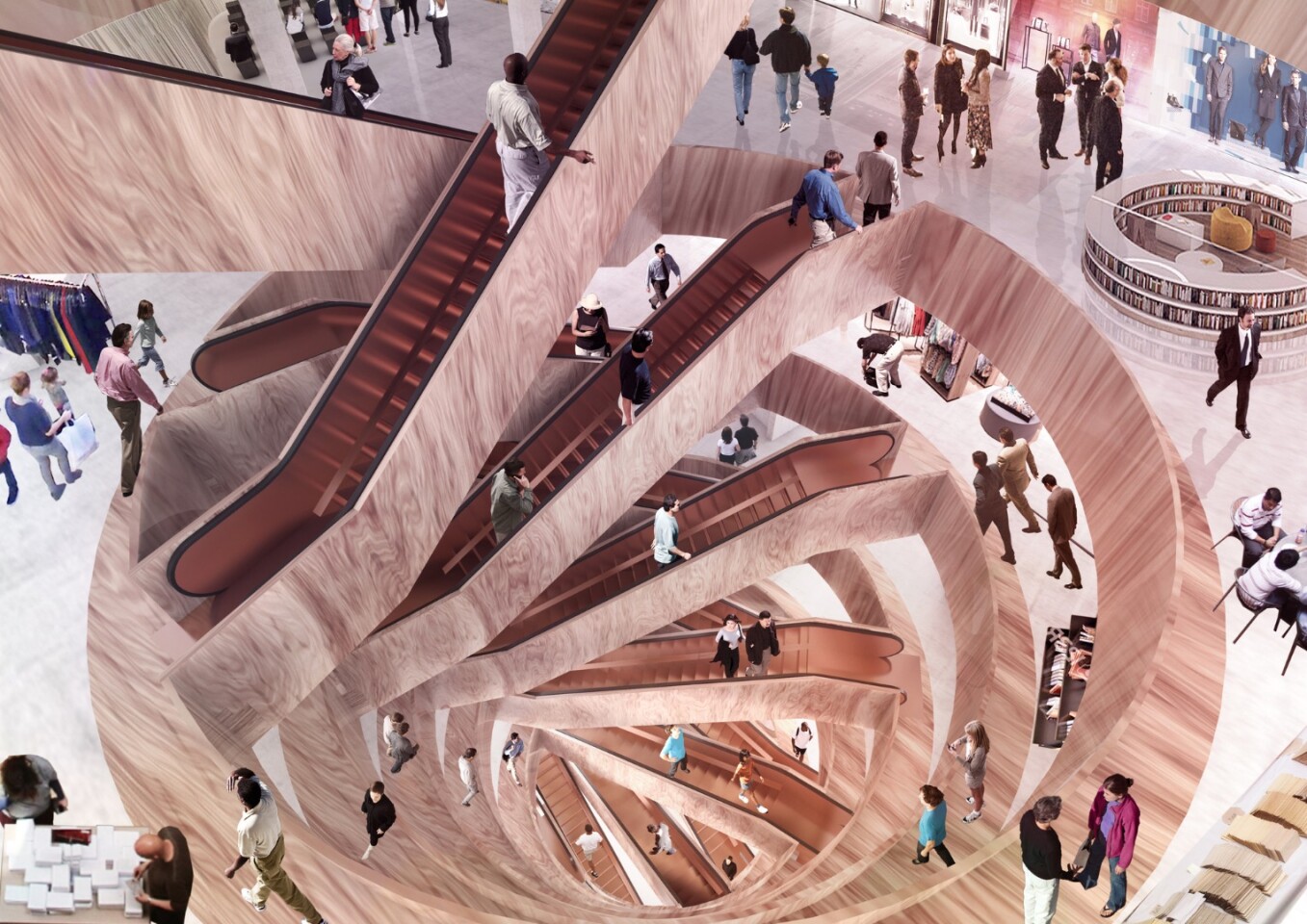 The firm's renders depict impressively-sculpted staircases and escalators filling the atriums