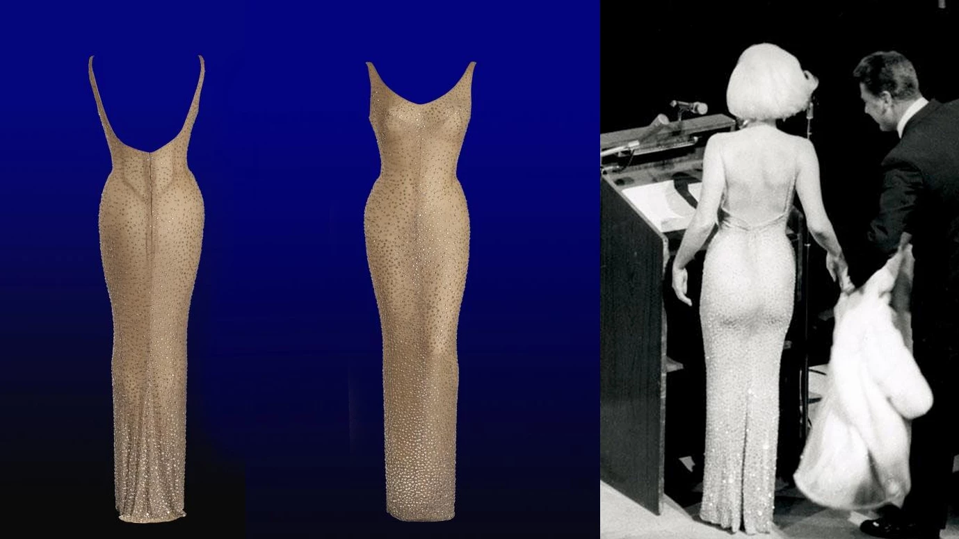 Marilyn wore this dress at a Democratic fundraiser and 45th birthday party for JFK at Madison Square Garden in New York on 19 May 1962. Though the world didn't know Marilyn was sleeping with POTUS before the event, the over-the-top performance caused a scandal.