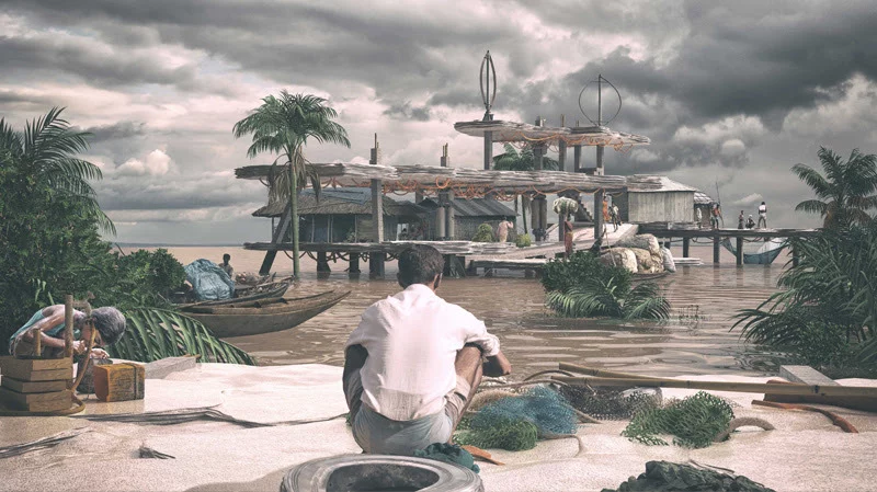 Winner of the Coup de Coeur (or judge’s favorite) in the Architecture and Sea Level Rise category is Refuge-ground : Towards habitable offshore salt platforms. The compelling idea builds a new ground by extracting salt from seawater, pervasive in most parts of the country