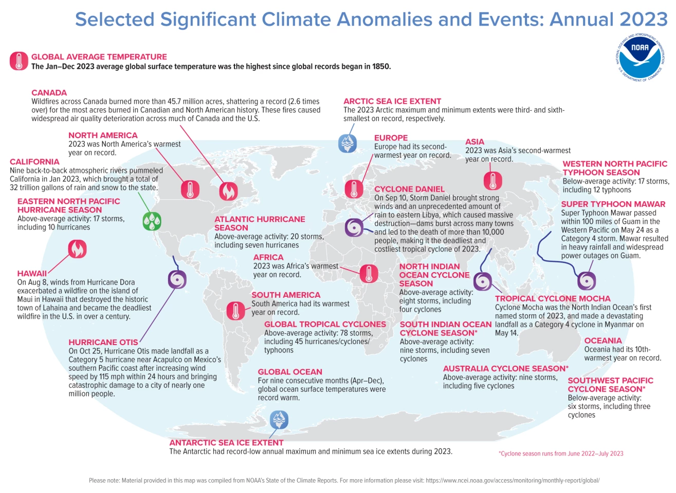 A global map containing climate statistics and notable events from 2023