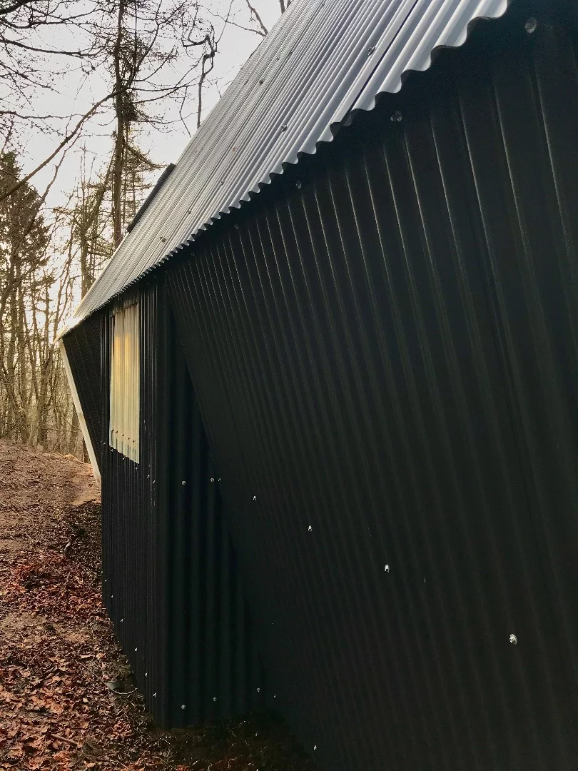 Trailer is clad in corrugated fiberglass and steel