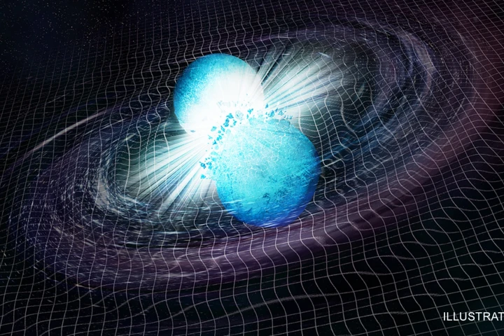 An artist's rendition of two neutron stars colliding, an event observed for the first time in August last year