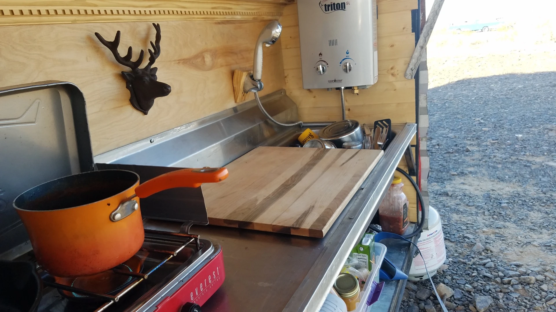 The Terraform Three's kitchen/shower area