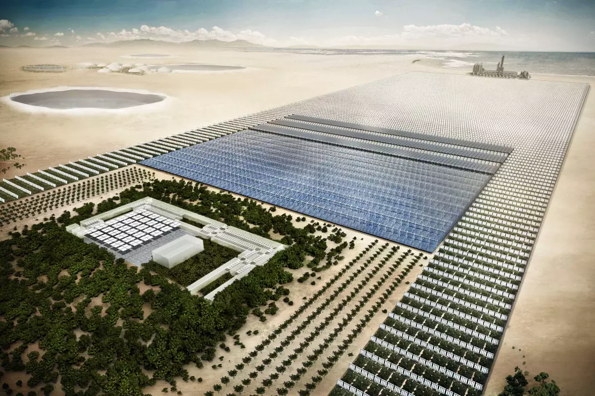 Conceptual illustration of the Sahara Forest Project that will produce fresh water, electricity and food in the desert (Image: Sahara Forest Project Foundation / Screenergy)