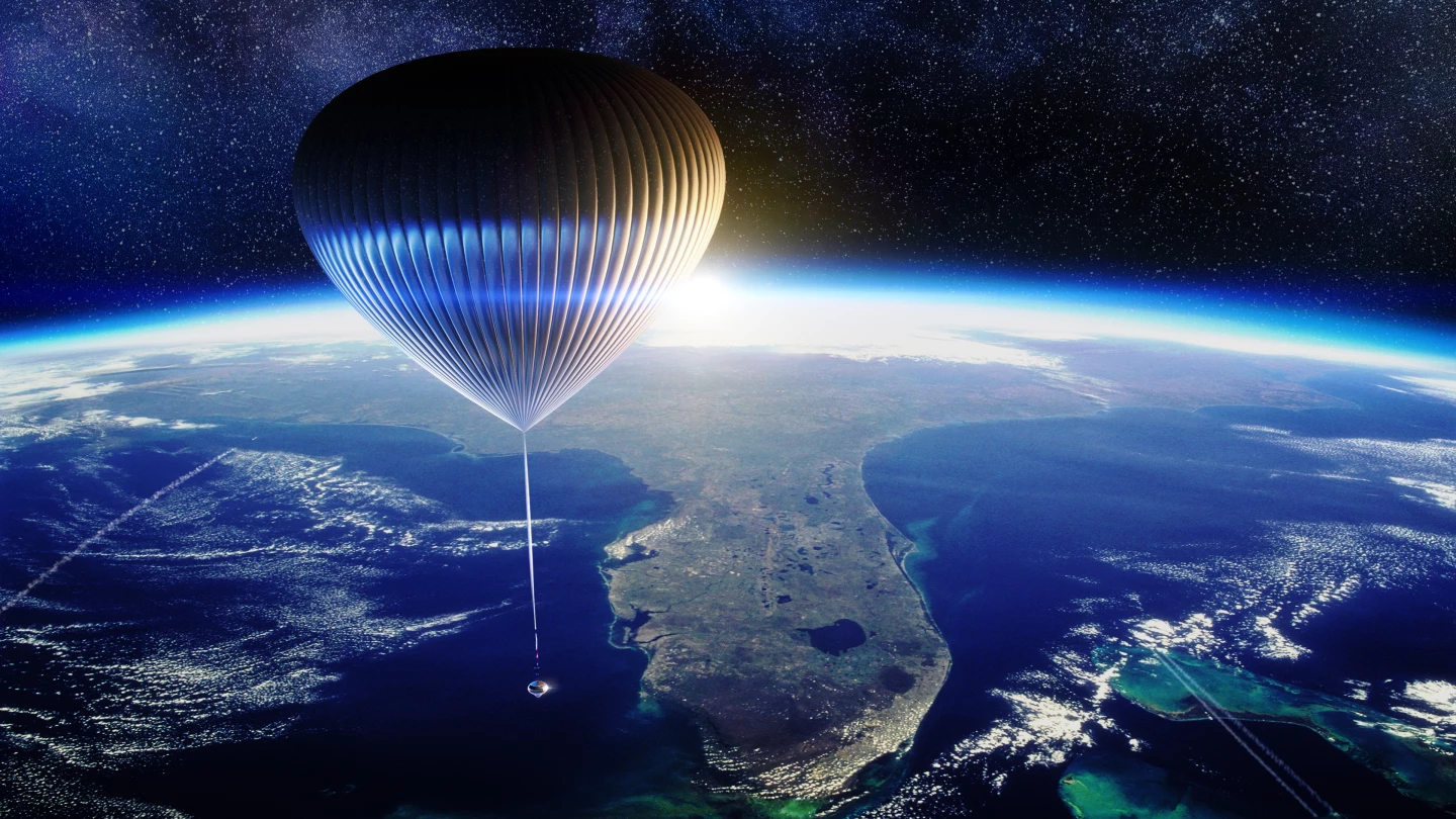 A monster space balloon, thinner than kitchen wrap and the size of a sports stadium, will lift nine people in the comparatively tiny cabin below
