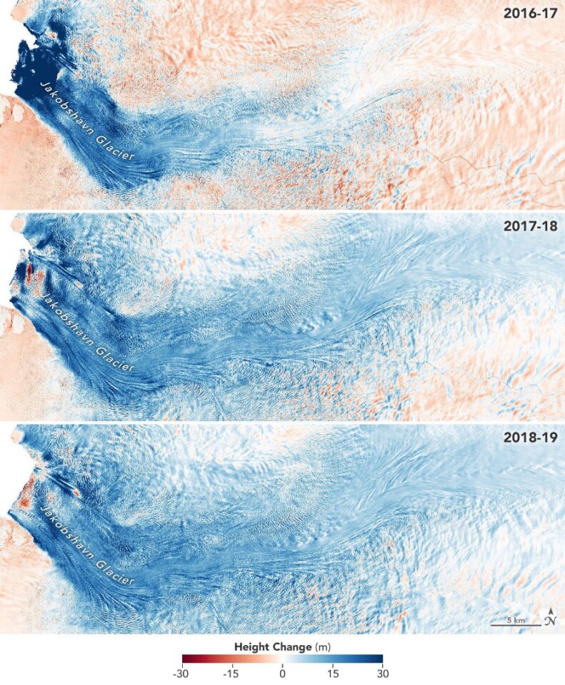 These radar images show the rate of ice gain and loss in Jakobshavn Glacier in Greenland since 2016