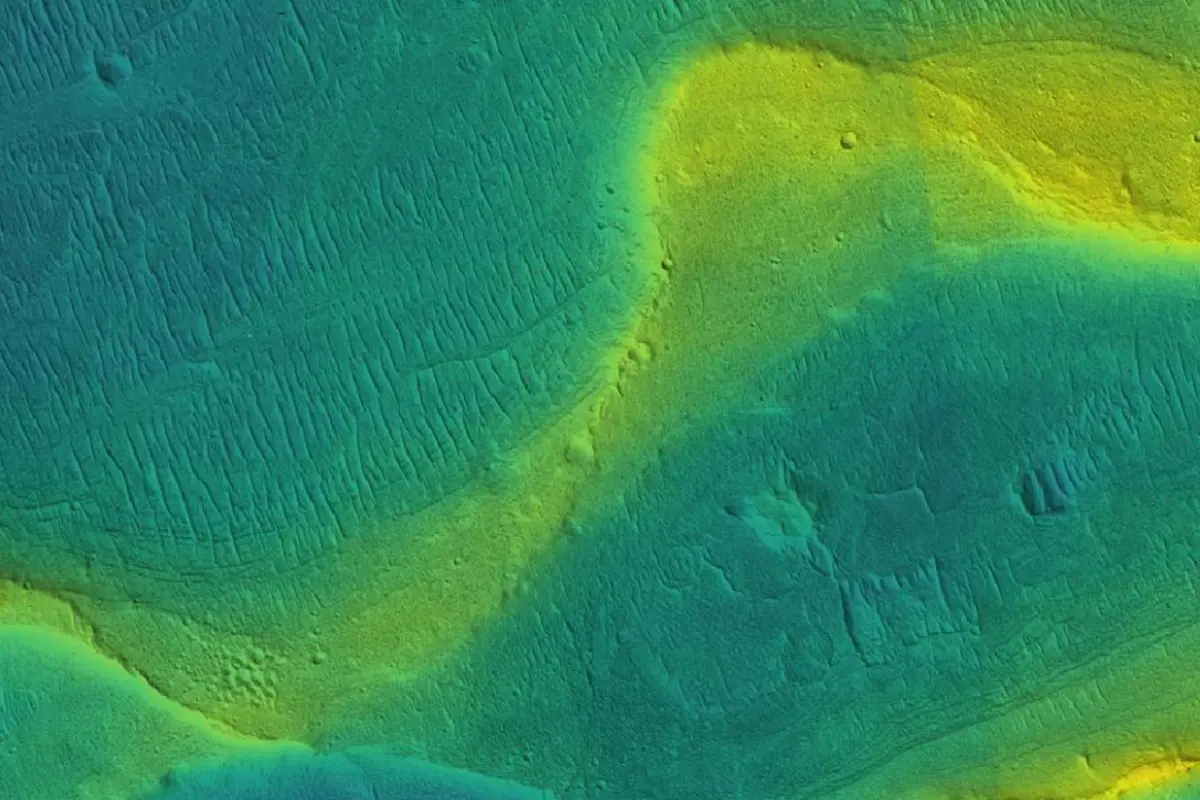 A preserved river channel on Mars with color overlaid to show different elevations (blue is low, yellow is high)
