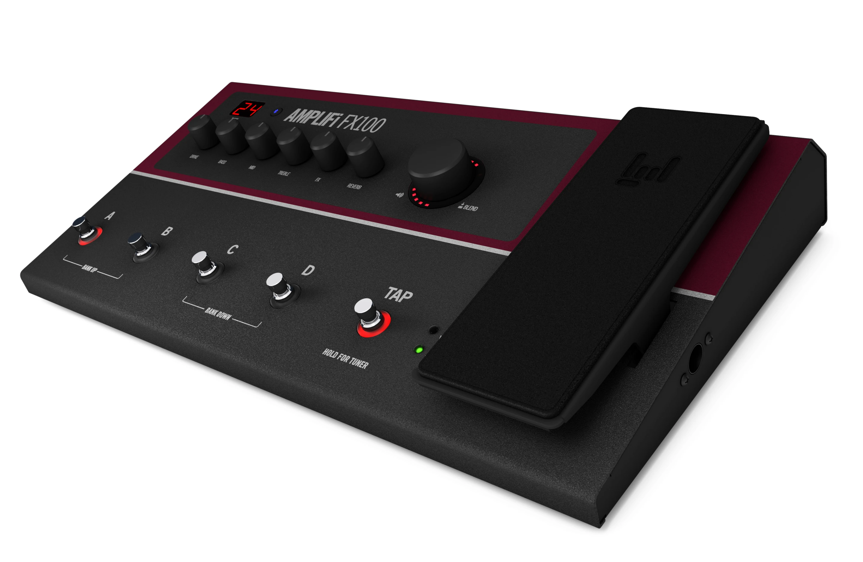 The top of the FX100 sports four footswitches for bank/preset selection, control knobs, a volume/blend dial and an expression pedal