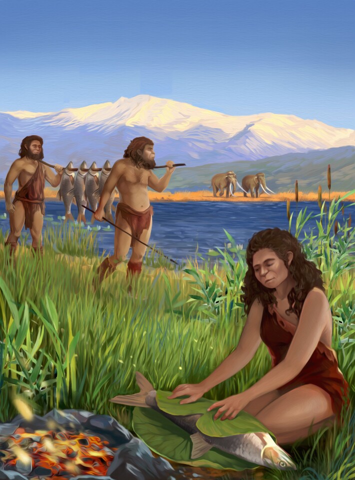 An artist's impression of early humans cooking fish at Lake Hula in what is now Israel