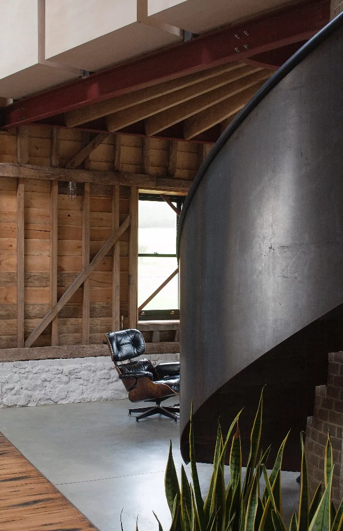 The lounge area, with mezzanine staircase