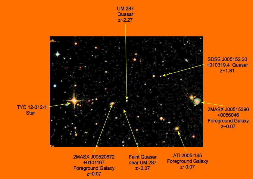 A map, roughly 10 x 7 minutes of arc in size, of the region surrounding UM 287. This is based on a broad spectrum astrophotograph, so does not show the atypical nebula surrounding UM 287 (Photo: Sloan Digital Sky Survey and B. Dodson)