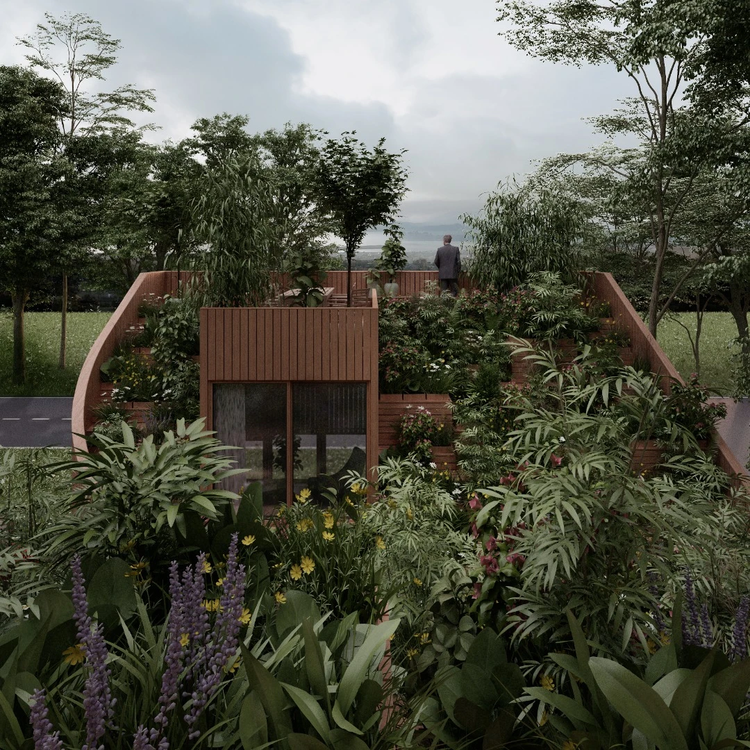 The garden is integrated into the dwelling's design, with the slanted roof-top garden starting from the ground and working its way up