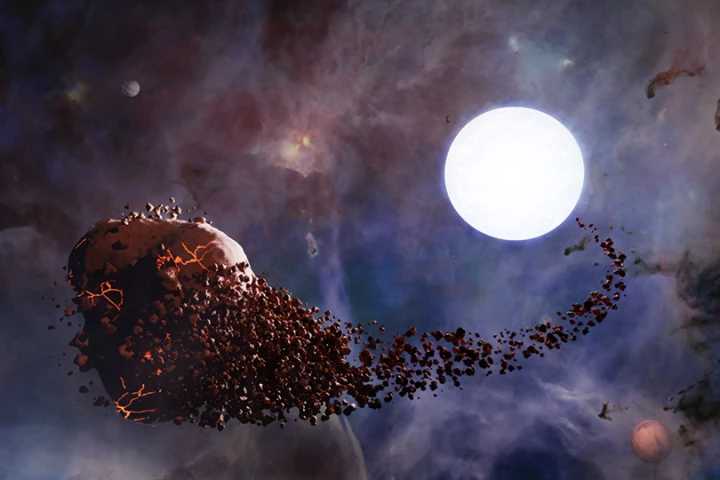 An artist's impression of a planet being ripped apart by the gravity of the white dwarf star it orbits