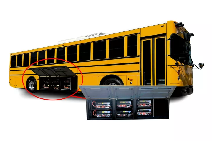 The Mega Beast Type D electric school bus rolls with the largest battery bank on the school bus market