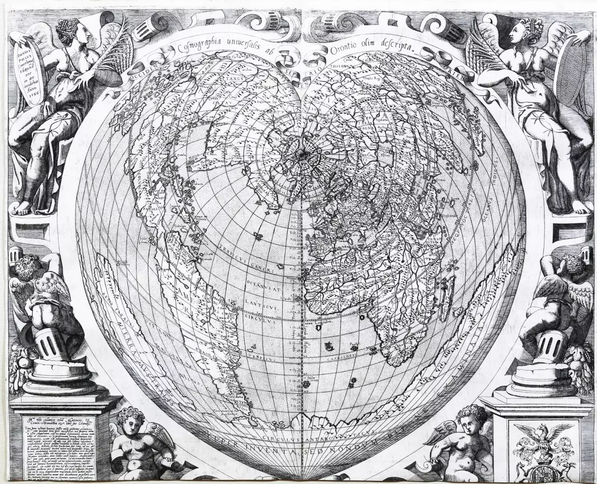 The heart-shaped World Map (1566) by Giovanni Paolio Cimerlinus, is based on a much rarer world map by the French cartographer Oronce Fine, of which just two examples are known. Cimerlinus's world map is drawn on a single cordiform, or heart-shaped projection, allowing the depiction of the world in one hemisphere. This copy sold for $312,500 at Arader Galleries on October 10, 2020